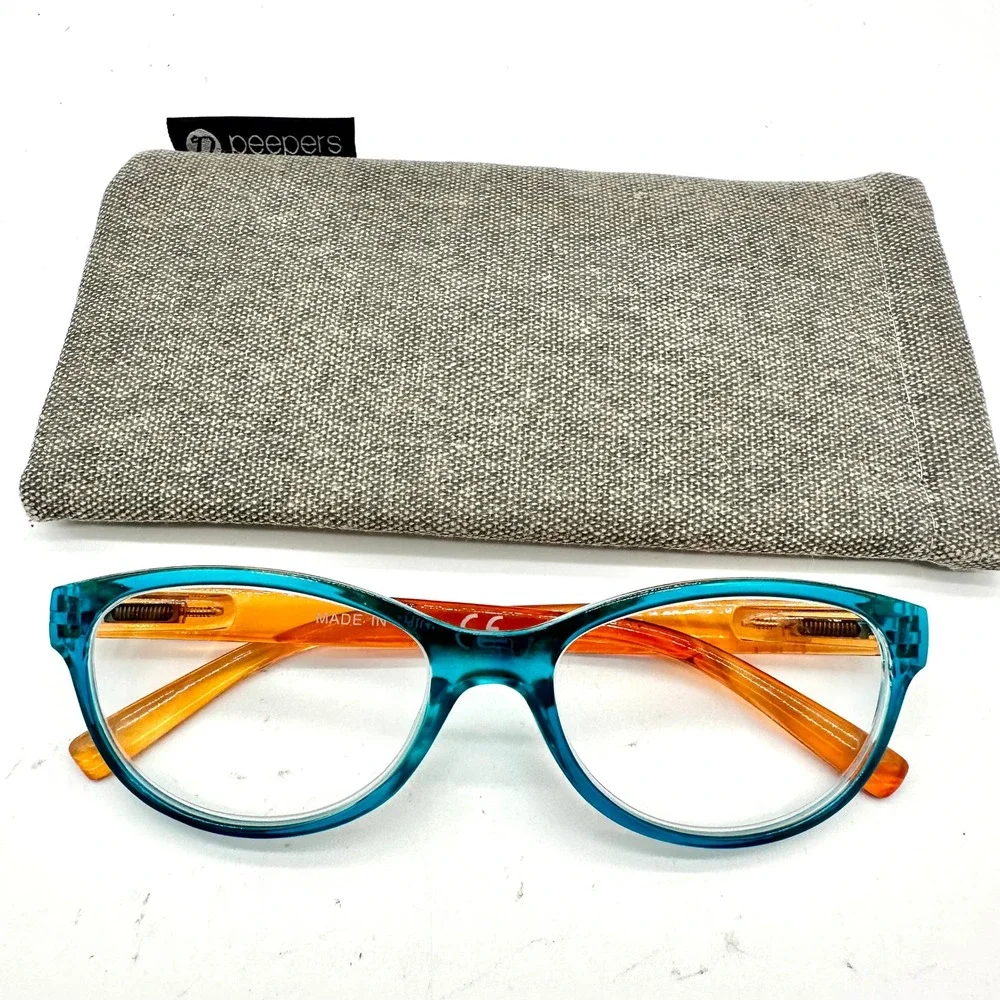 Peepers RP4072 Reading Glasses +1.75 Teal Blue and Orange Two Tone with Case